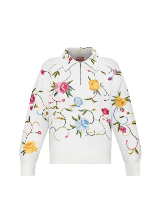 KENZO White Quarter-Zip Sweatshirt With Floral Embroidery