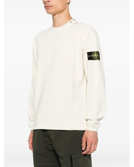 Stone Island White Button-Detail Sweater With Logo Patch On The Shoulder for men