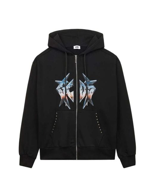 Gcds Black Graphic Print Sweatshirt With Zip And Hood for men