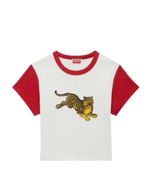 KENZO Red Jumping Tiger' Cotton Cropped T-Shirt