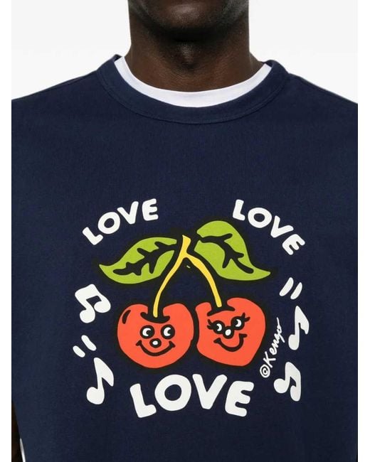 KENZO Blue Cherry-Print T-Shirt for men