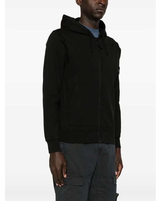 Stone Island Black Zip-Up Hoodie With Brand Logo Patch for men