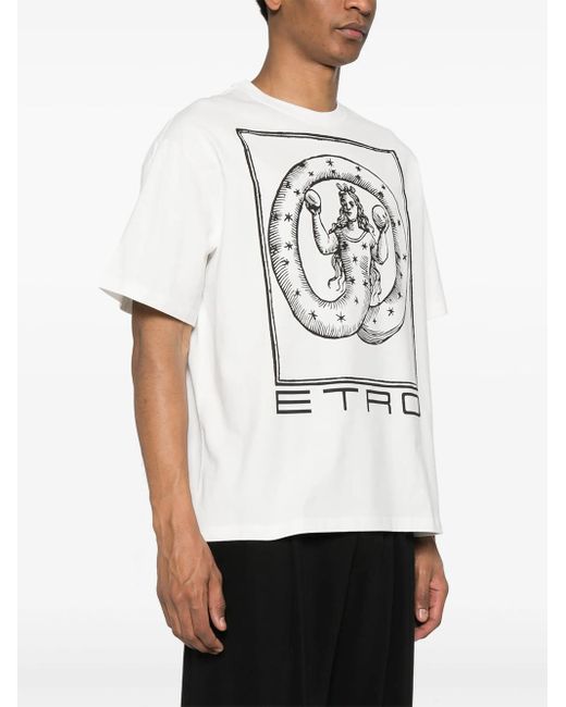 Etro White Cotton T-Shirt With Graphic Print for men
