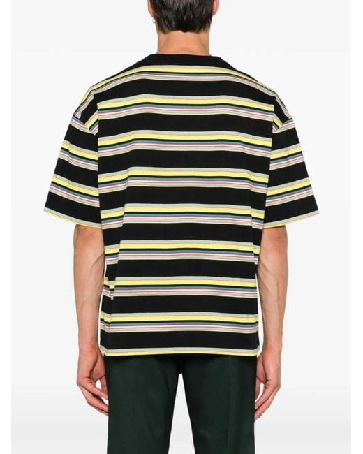 Marni Black Striped Cotton T-Shirt With Logo Print for men