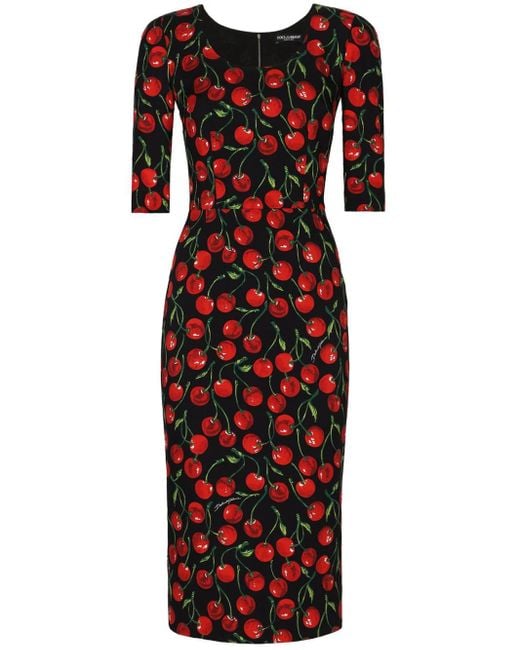 Cherry-print charmeuse calf-length dress di Dolce & Gabbana in Red
