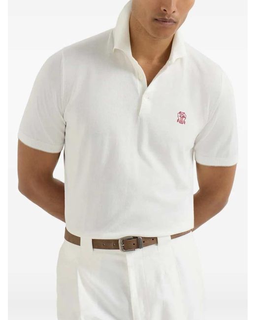 Brunello Cucinelli White Logo Cotton Polo Shirt for men