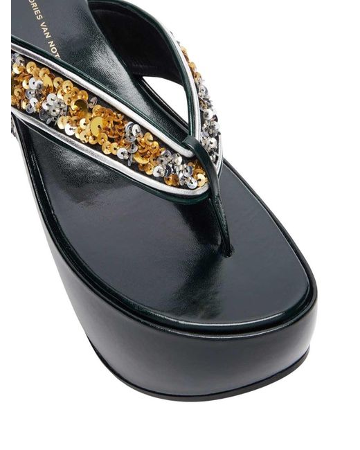 Dries Van Noten Black Sequined Wedge Flip-Flop Sandals