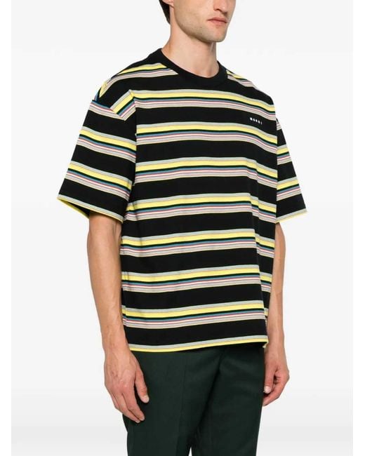Marni Black Striped Cotton T-Shirt With Logo Print for men