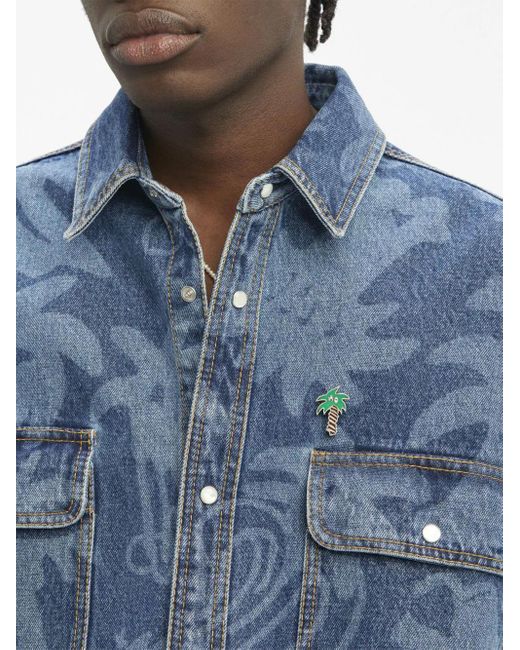 Palm Angels Blue Palmity Laser-print Denim Shirt for men