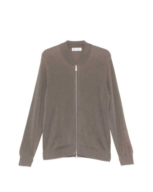 Brunello Cucinelli Gray Ribbed Cardigan With Zip Closure for men