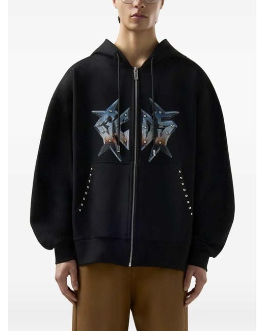 Gcds Black Graphic Print Sweatshirt With Zip And Hood for men