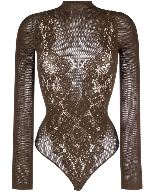 Wolford Brown Lace-detail Mesh Bodysuit