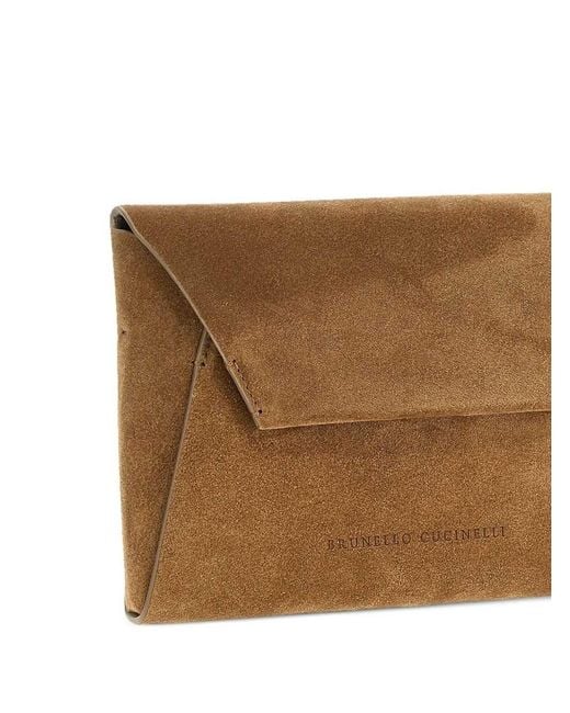 Brunello Cucinelli Brown Suede Clutch With Jewel Decoration