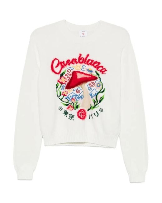 Casablanca White Crewneck Sweater With Mushroom Embroidery