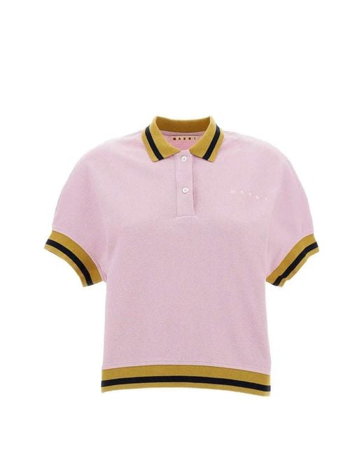 Marni Pink Striped Details Cotton Pique Polo Shirt