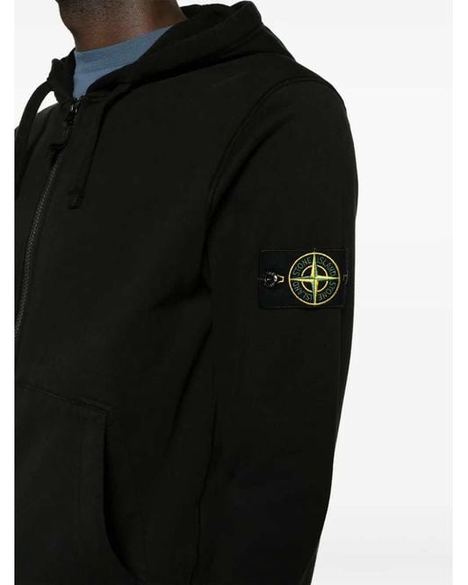 Stone Island Black Zip-Up Hoodie With Brand Logo Patch for men