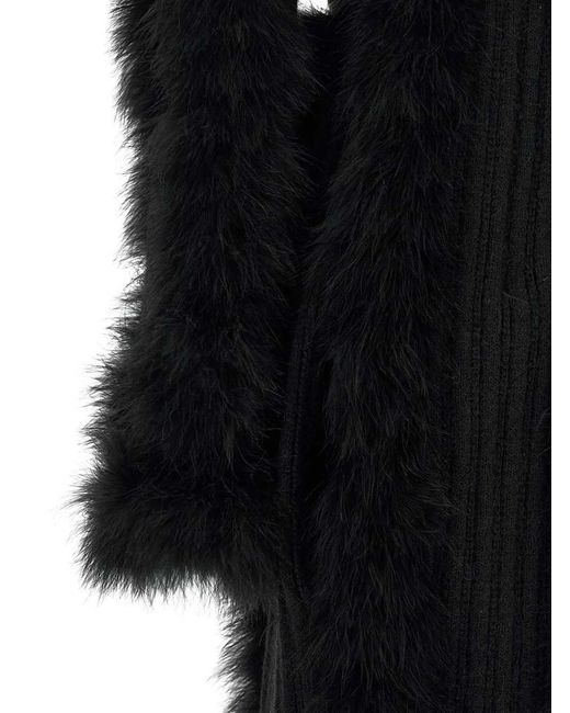 The Attico Black Knitted Coat With Belt And Feather-Effect Trim
