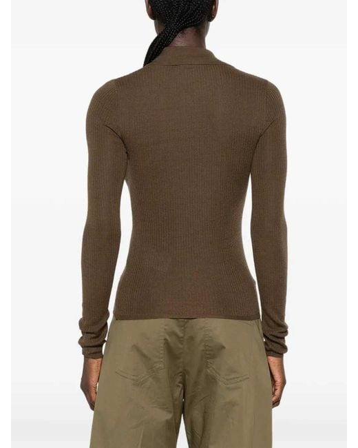 Max Mara Brown Ribbed Polo-Style Sweater