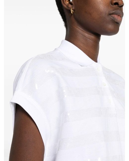 Brunello Cucinelli White Cotton Polo Shirt Embellished With Sequins