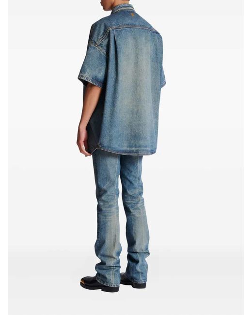 Balmain Blue Short-Sleeved Button-Up Shirt for men