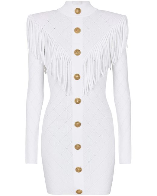 Balmain White Short Dress With Fringes