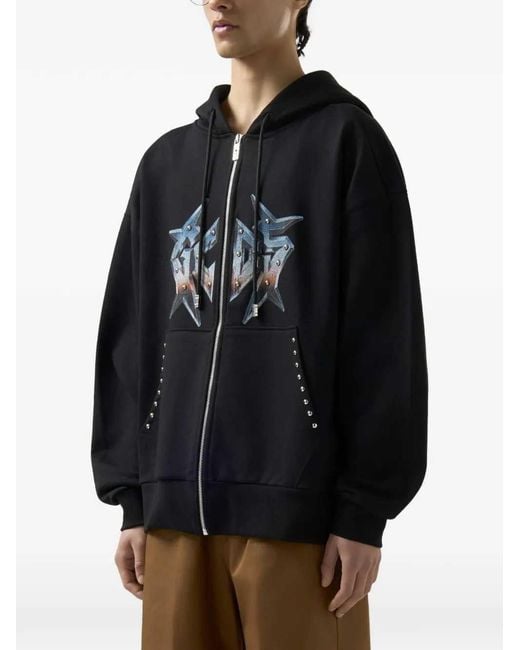 Gcds Black Graphic Print Sweatshirt With Zip And Hood for men