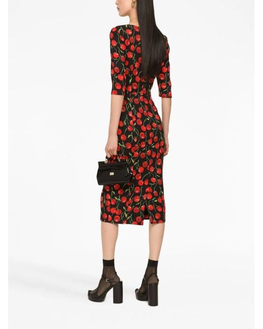 Dolce & Gabbana Red Cherry-Print Charmeuse Calf-Length Dress