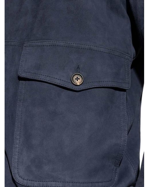 Eleventy Blue Leather Jacket With Pocket And Buttons