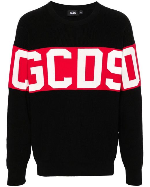 Gcds Black Cotton Sweater With Knitted Logo for men