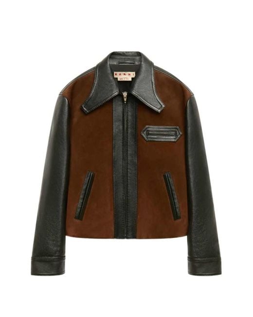 Marni Brown Leather Jacket With Split-Leather Front Panel