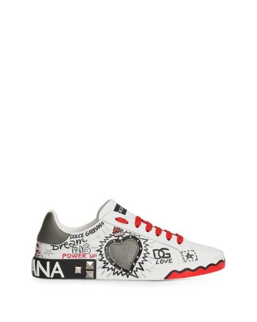 Dolce & Gabbana White Sneakers With Heart Patch And Graffiti Print for men
