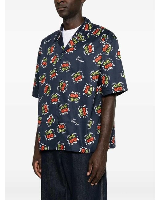 KENZO Blue Short-Sleeved Shirt With Cherry Print for men