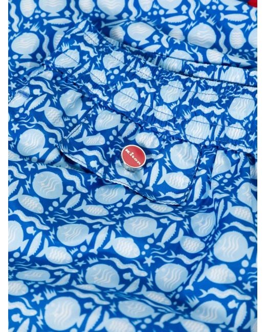 Kiton Blue Swim Shorts With Fish Print for men