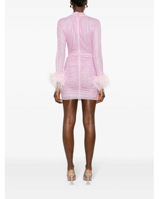 Self-Portrait Pink Mesh Dress With Rhinestones And Feather Details
