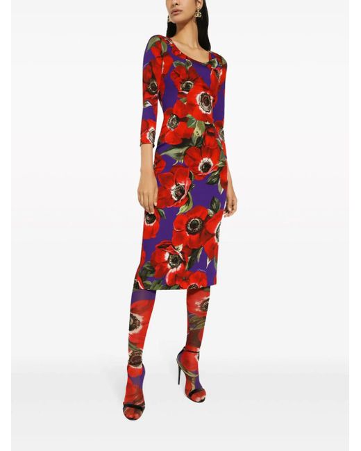 Dolce & Gabbana Red Midi Dress With Print