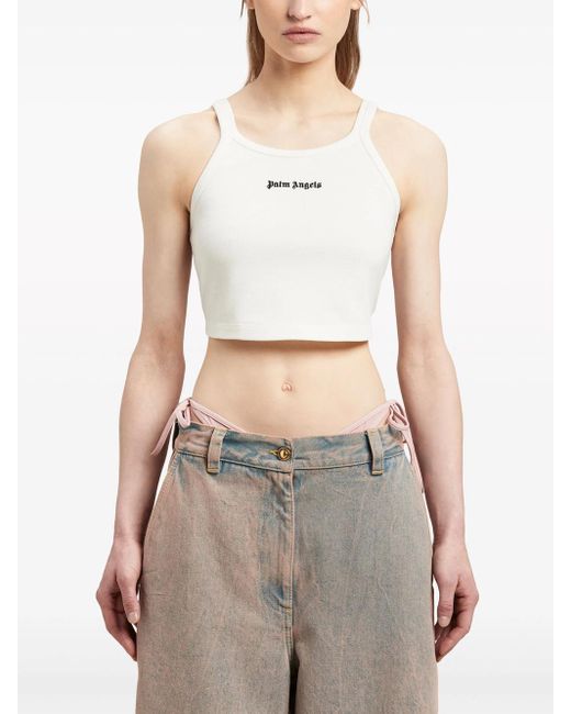 Palm Angels White Embroidered Logo Crop Top With
