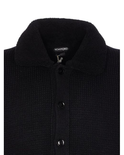 Tom Ford Blue 3-Gauge Pure Cashmere Shearling Collar Cardigan for men