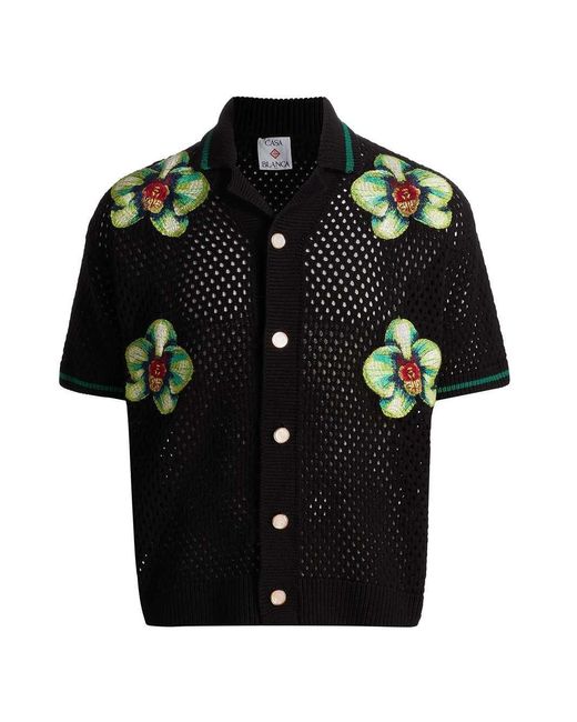 Casablanca Black Glitch Orchid Embroidered Crochet T-Shirt for men