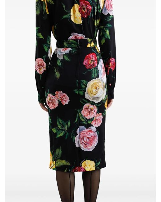 Gonna Midi Stampa Peonie E Rose di Dolce & Gabbana in Black