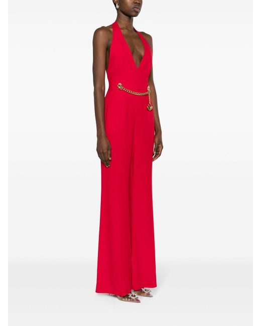 Moschino Red Jumpsuit With Halter Neck And Padlock Detail