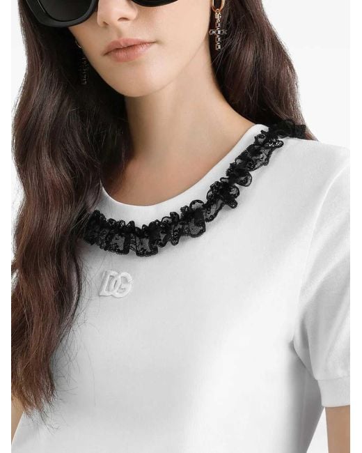 Dolce & Gabbana White Embroidered Logo Neck T-Shirt For