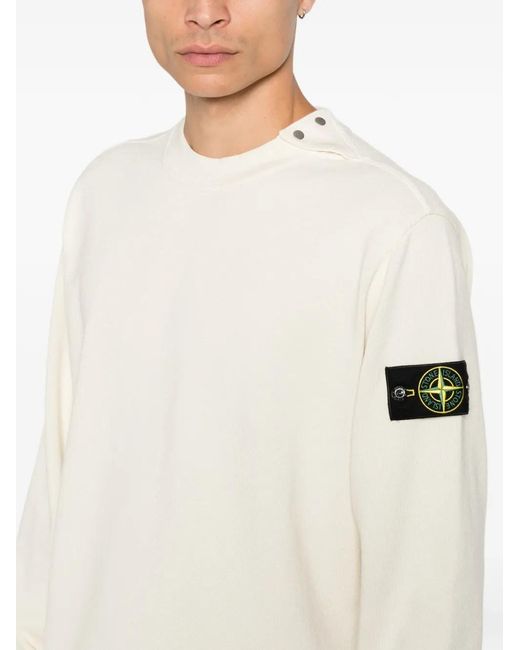Stone Island White Button-Detail Sweater With Logo Patch On The Shoulder for men