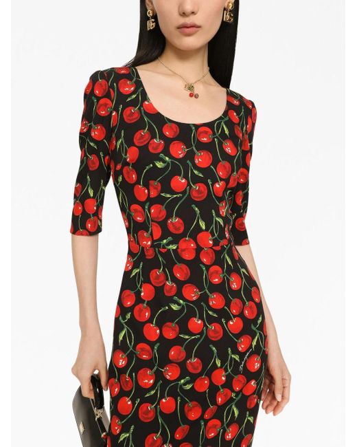 Dolce & Gabbana Red Cherry-Print Charmeuse Calf-Length Dress