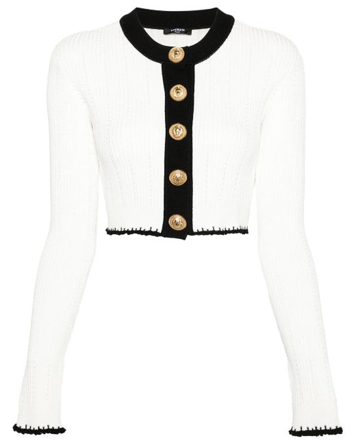 Balmain White Cardigan With Contrasting Crop Edges