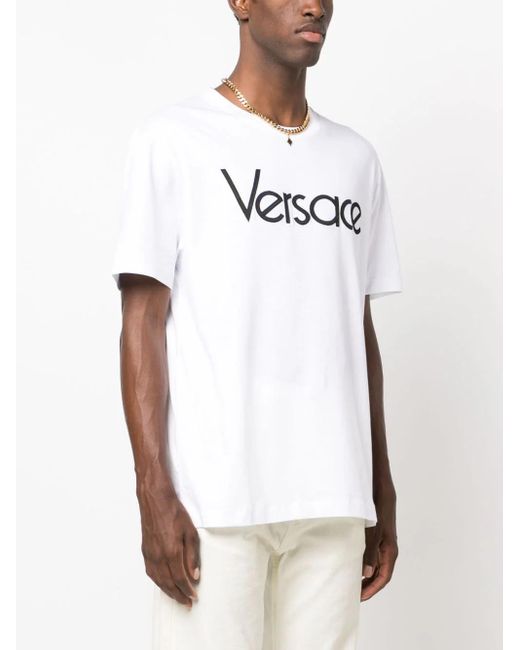 Versace White Logo-embroidered T-shirt for men