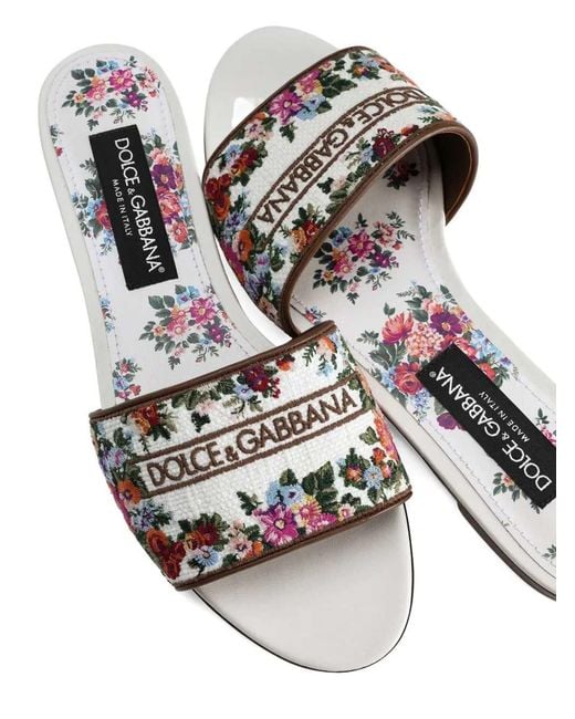 Dolce & Gabbana White Embroidered Flat Sandals