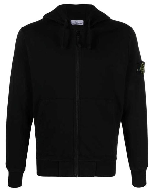 Stone Island Black Zip-Up Hoodie With Brand Logo Patch for men