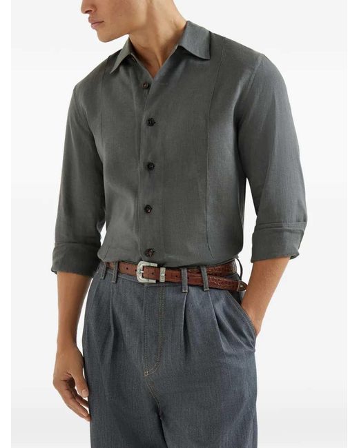 Brunello Cucinelli Gray Spread Collar Shirt for men