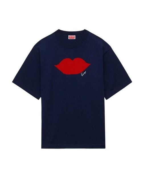KENZO Blue Short-Sleeved Sweater With Lip Intarsio