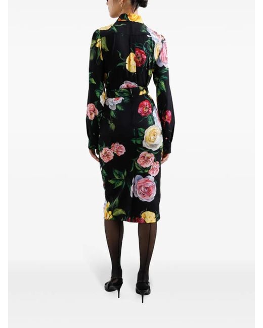Gonna Midi Stampa Peonie E Rose di Dolce & Gabbana in Black